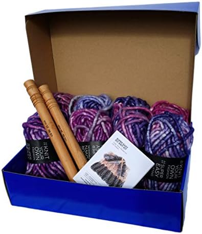 Large Chunky Throw Blanket DIY Knit Kit, Super Soft Thick Yarn w/Large Wood Knitting Needles US 50 Set (Pink & Purple Marled)