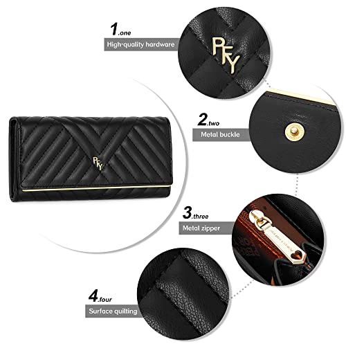 Zrtary Quilted Soft Leather Long Wallets For Women Slim Trifold Clutch Wallet Pu Vegan Leather With Coin Pouch(Black) #TOP3