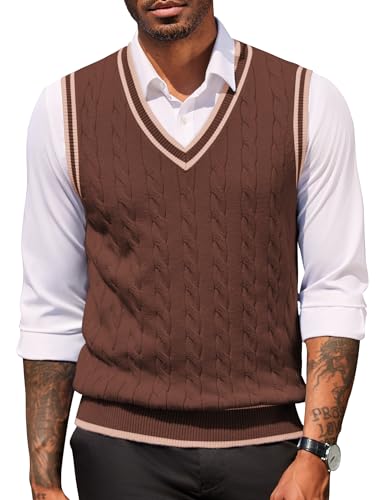 COOFANDY Mens Sweater Vest V Neck Slim Fit Cable Knit Sleeveless Sweater PulloverBrown