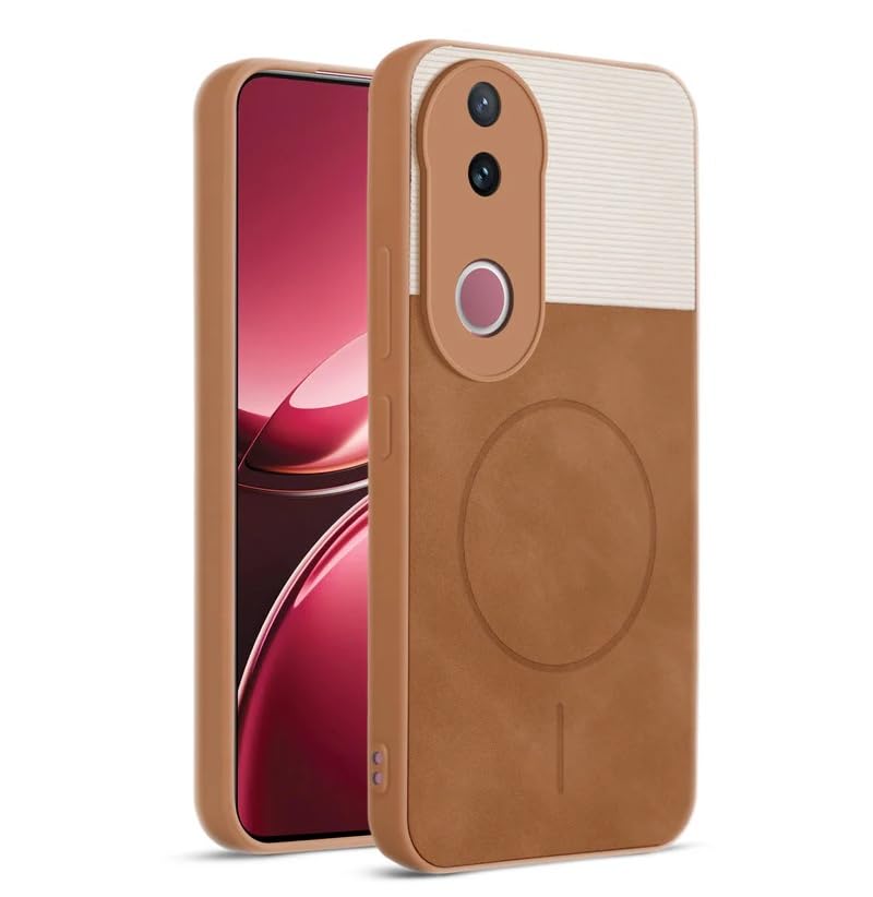 Image of Bintage CASE Mac Safe Design Hard Light Weight Back Case | Soft Border Camera Protect | Dual PU Leather Finish Back Cover Compatible for Vivo V50 5G /Vivo T4R 5G - White & Brown