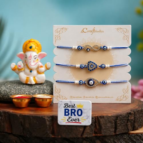 Image of eCraftIndia Evil Eye Rakhi Set of 3 for Brother with Best Bro Ever Fridge Magnet & Lord Ganesha Idol | Designer Nazar Rakhi Combo | Raksha Bandhan Gift Set for Bhai