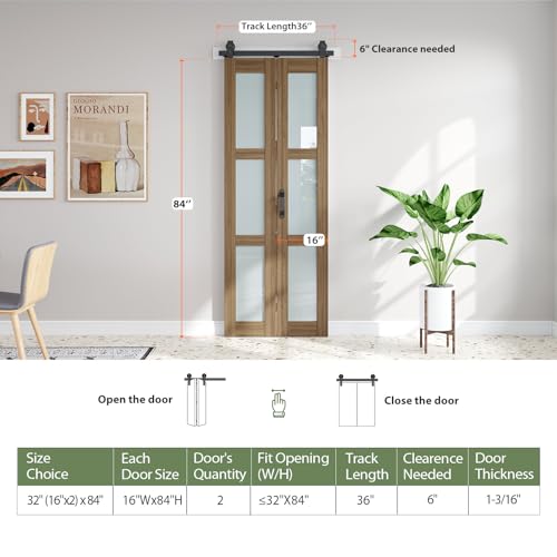 Image of FREDBECK Bifold Glass Barn Doors 32X84(Double 16x84),Fit 28 inch-30 inch Opening