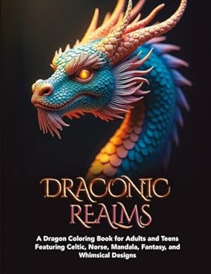 Book cover Draconic Realms: A Dragon Coloring Book for Adults and Teens Featuring Celtic, Norse, Mandala, Fantasy, and Whimsical Designs