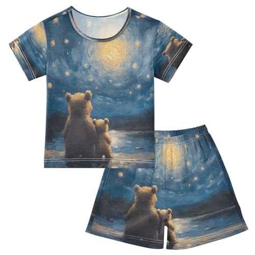 ALAZA Van Gogh Funny Bear Sky Galaxy Pajamas Set Short Sleeve Cotton Sleepwear Summer Pjs 2 Piece 5-14Y