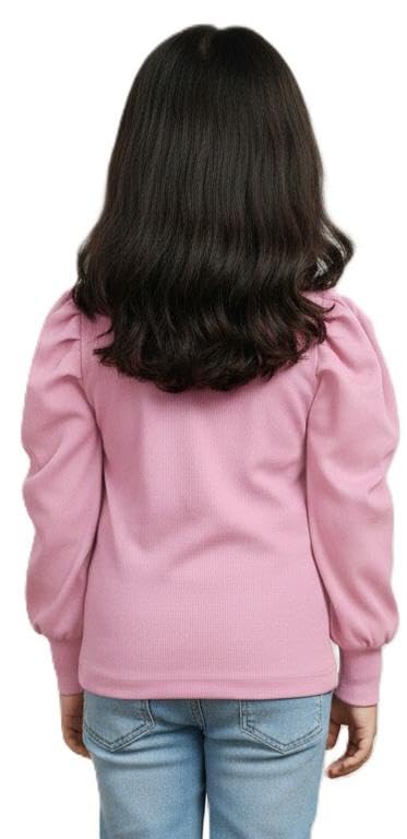 KIROTO Girls Stylish Love Graphic Print Top Soft Fabric All-Season Wear Puff Sleeve Regular Fit Tee for Kids Pink 2