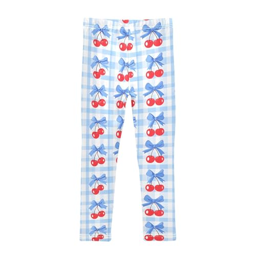 Cherry Bow Blue Grid Girls Leggings Soft Stretch Workout Yoga Dance Pants for Kids Casual Tights2