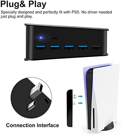 EEEKit 5 Port USB Hub for PS5 Console, High-Speed Expansion USB 3.0 Hub Charger Adapter with Type-C Compatible with Playstation 5 Gaming Console, Expands Game Console Ports