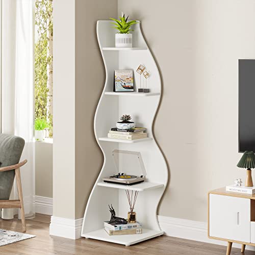 Tribesigns Corner Shelf, Modern 5-Tier Wall Corner Bookshelf, Stylish Corner Small Bookcase Storage Rack Plant Stand with Unique Shape for Living Room, Home Office (White, 1PC) - Image 5