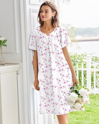 Image of Ekouaer Moo Moos for Women House Dress With Pockets Cotton Nightgowns Short Sleeve Night gowns Embroidered Mumu Dress