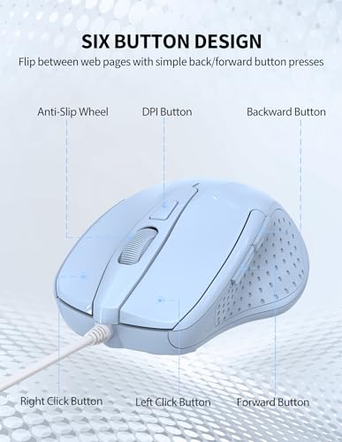 Image of TECKNET Wired Mouse, 6-Button Corded with 4 Adjustable DPI, Optical Mouse with Ergonomic Design and 5FT Cord for Laptop, Chromebook, PC, Desktop, Mac, Notebook - LT.Blue