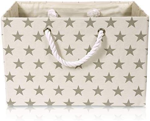 Foldable White Canvas Storage Basket Rectangle Fabric Basket with Gray Star Pattern – Perfect for Household Storage, Fabrics or Toys. Size: Width 16.5ins x Depth 12.5ins x Height 11ins