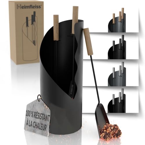 Heimfleiss® Serviteur Cheminée Noir Moderne | Ensemble d'Accessoires de Cheminée | Kit Cheminée avec Tisonnier, Pelle & Balayette | Accessoires de Cheminée avec Manches en Bois