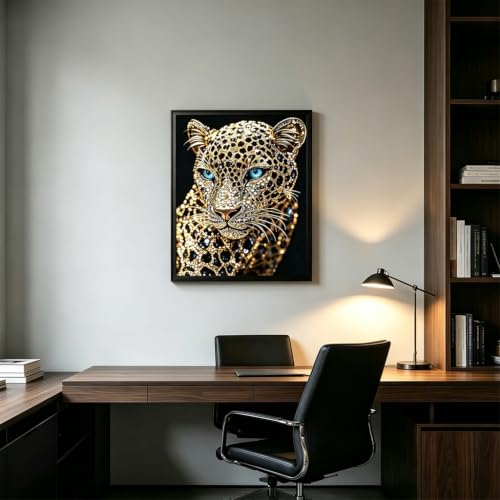 Image of HASTHIP Diamond Art Kit Black Cheetah 5D Round Full Drill for Decor | Full round drill black cheetah diamond painting kit includes canvas diamonds pen tray glue for DIY