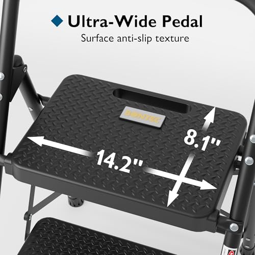 Image of BONTEC 2-Step Ladder, Folding Step Stool with Wide Anti-Slip Pedal, 600lbs Sturdy Steel Ladder, Convenient Handgrip, Lightweight, Portable Steel Step Stool, Black