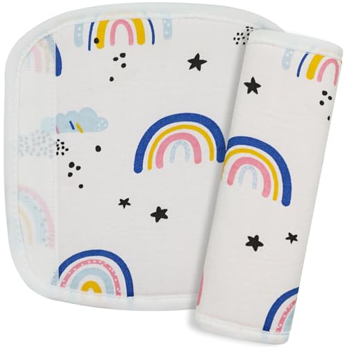 REFLYAWAY ベビーカーシートネックカバー2個 子供用 子供用シートベルトクッション かわいい漫画柄 快適なソフトカーシートベルトパッドカバー ネックサポート 旅行(ピンクレインボー)