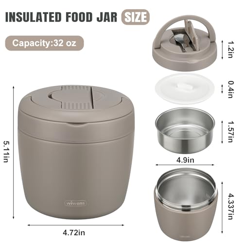 Image of wiwens Thermo Food Jar for Hot Food Adults 32OZ Soup Thermo Lunch Containers Wide Mouth Vacuum Insulated Stainless Steel Leakproof Bento Box with Spoon (Khaki)