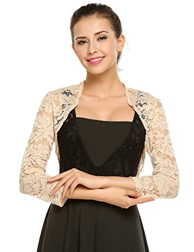 Zeagoo Women's 3 4 Sleeve Bolero Shrugs Crochet Lace Open Cardigan Nude Small,Nude,Small