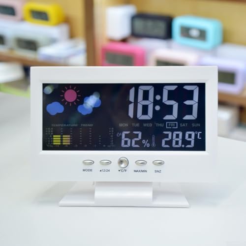 Innovador reloj de pantalla LCD con información completa de temperatura y humedad (blanco)