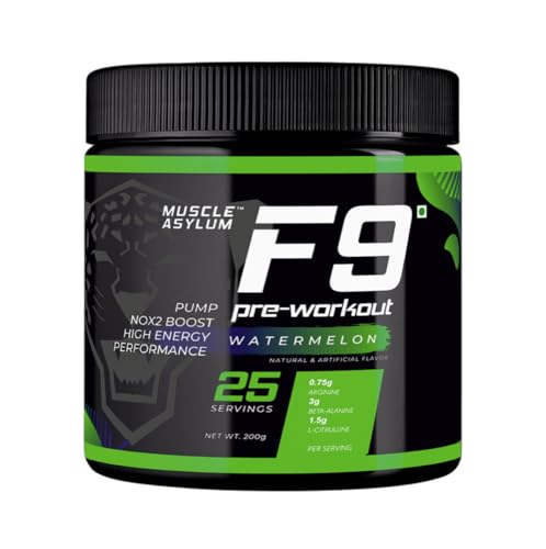 Image of Muscle Asylum F9 Pre-Workout - 25 Servings, 200gm (Watermelon) | Boosts Energy & Endurance | Improves Focus