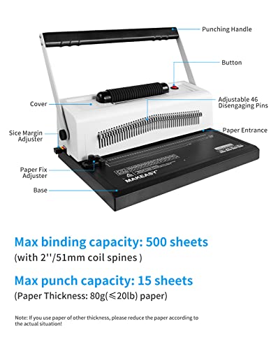 Makeasy Spiral Coil Binding Machine For Ltr/A4 - Disengaging Pins - 4 To 1 Pitch - 20 Sheet Punch Capacity - Electric Coil Inserter - Adjustable Side Margin, With Free 100Pcs Coil Spines & Crimper #TOP5