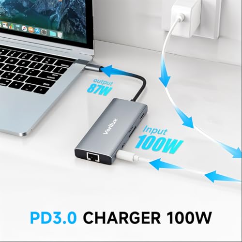Image of Verilux Multiport USB C Hub 10 In 1 USB C Hub with 100Mbps Ethernet Port, 4K@60Hz HDMI SD /TF Card Slots, Supports 100W PD Fast Charging & 5 Gbps Data Transmisson Portable USB C Hub for PC, Laptop, PS