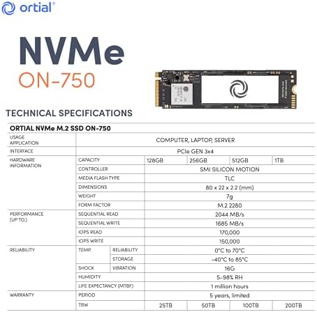 Ortial ON-750 Internal Solid State Drive 256GB M.2 2280 NVMe TLC SSD ON-750-256