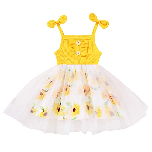 SEVEN YOUNG Toddler Baby Girl Dress Sleeveless Strap Sunflower Dress Tutu Skirt Summer Princess Beachwear Outfit Clothes (Yellow, 3-4 Years)