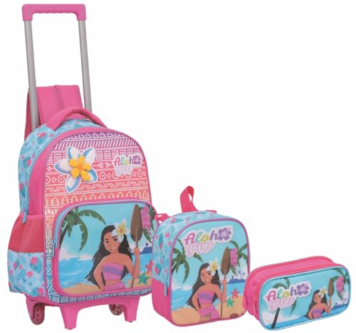 Kit Mochila de rodinha escolar infantil da Moana com Lancheira Térmica e Estojo Duplo (ROSA)