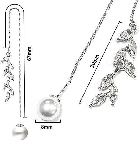Jancosta Pearl Drop Earrings 925 Sterling Silver Dangle Earrings Chain Pull Through Earrings Threading Earrings Long Earrings Line Link Chain Earrings for Women Girl