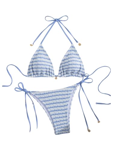 MakeMeChic Women's Striped Triangle Thong Micro Bikini Sets Halter Swimsuits Bathing Suit Striped Blue X-Small