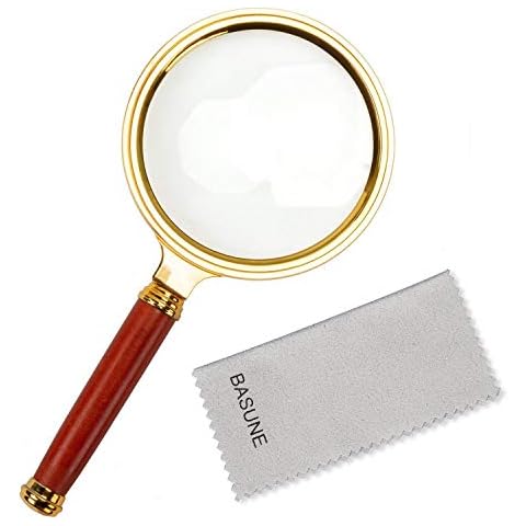 BASUNE 10X Handheld Magnifier, Reading Magnifier Loupe Glasses 10X with Rosewood Handle for Book and Newspaper Reading, Insect and Hobby Observation, Classroom Science (Metal Frame) Cover