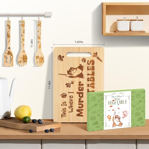 Tabla de cortar de bambú con diseño de gato y 3 cucharas miniatura 2