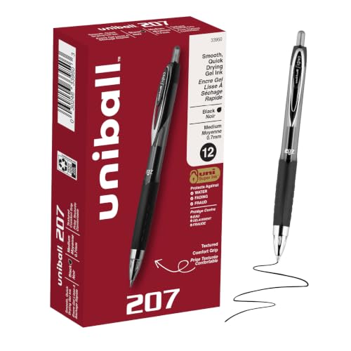 Image of uniball 207 Gel Pens, Black Ink, 0.7mm Medium Point, Retractable, 12 Count, Smooth Writing, Fraud-Resistant, uni Super Ink