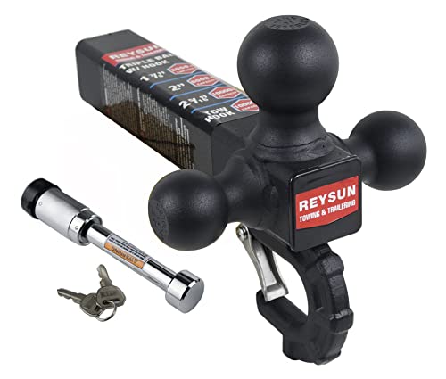 Image of Trailer Hitch 864011L Tri Ball Mount with Hook, Tactical Tow Hook, Fits 2 inch Hitch Receiver, Secure with Self-Lock Latch, Matt Black, 5 /8 Inch Hitch Lock Included