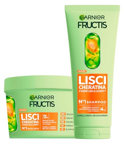 Garnier Fructis Liso Keratina Set Champú 200 ml + Mascarilla 370 ml Tratamiento Alisante con Queratina Vegetal y Aceite de Argán para Cabello Seco y Sin Brillo Fórmula Vegana - Pack de 3