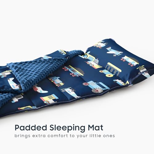 Image of Wake In Cloud - Toddler Nap Mat with Pillow and Minky Fleece Blanket, for Kids Boys Ages 3 Plus in Daycare Preschool Kindergarten, Roll Up Sleeping Bag, Planes Trains Trucks