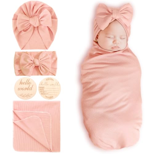 Image of DRESHOW BQUBO Baby Girl Newborn Receiving Blankets with Bow Hat Headband Wooden Birth Announcement Card Set Newborn Baby Swaddle Wrap Set Warm Shower Gift