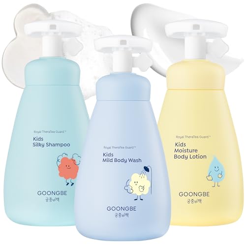 Image of GOONGBE Kids Hair & Body Care Set - Korean Shampoo, Body Wash & Lotion Bundle - Gentle Hydrating Low pH Formula with Cica, Panthenol & Macadamia Oil - Allergen-Free for Sensitive Skin, 3-Piece