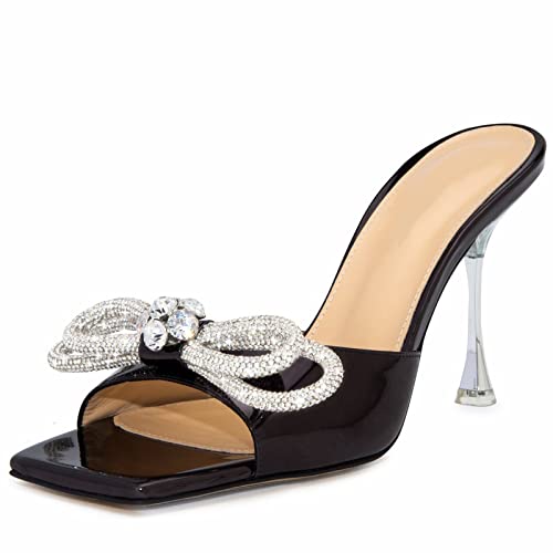 Women's Heeled Sandals Double Rhinestones Bow Satin Mules Square Open Toe Slip on Stilettos Clear Heels Wedding Party Dress Shoes