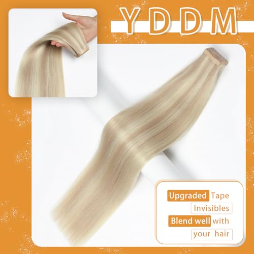 Image of YDDM Tape in Hair Extensions Human Hair 22 Inch 20pcs Ash Blonde Highlighted Platinum Blonde 100% Remy Human Hair Straight Invisible Tape in Hair Extensions(P18K /60#, 22 Inch)