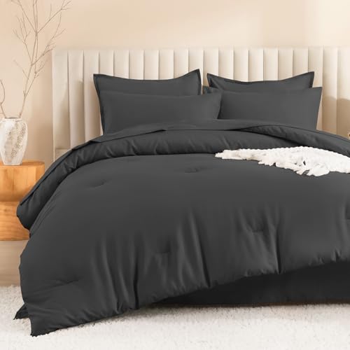Image of Litanika Comforter Full Size Set Dark Grey - 7 Pieces Bed in a Bag Full Bedding Comforter Sets, Plain Lightweight Bed Set with Comforter, Sheets, Pillowcases & Shams