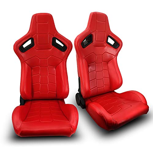 ModifyStreet 1 Pair Universal RED PVC MAIN LEATHER LEFT/RIGHT RACING BUCKET SEATS PAIR