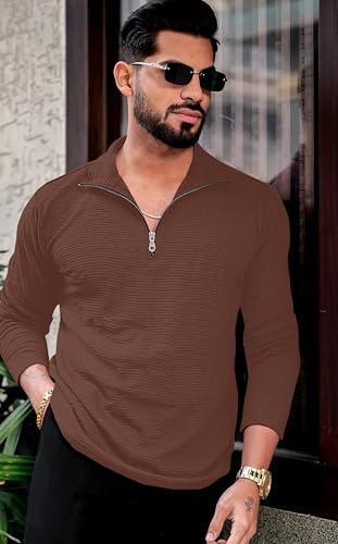 Image of KAJARU Men's Quarter Zip Pullover T-Shirt, Textured Ribbed Long Sleeve, Casual Mock Neck