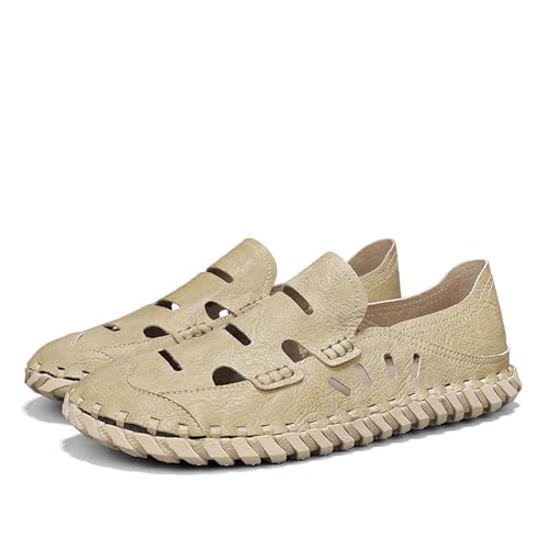 Men's Premium Leather Sandals, Slip-On Closure,Soft, Non Slip, Wear Resistant, Hand Stitched, Hollow Design, Breathable, Fashion Casual Men's Sandals4