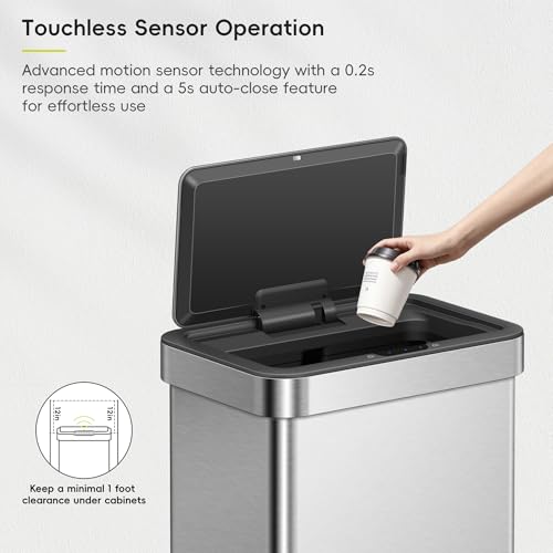Image of EKO EcoNova 13.2 Gallon / 50L Automatic Sensor Kitchen Trash Can or Recycling Bin, Stainless Steel Touchless Garbage Bin with Soft-Close & Stay-Open Lid, Fingerprint-Resistant