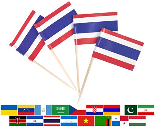 JBCD 100 palillos de dientes con la bandera de Tailandia, banderas tailandesas, decoraciones para cupcakes, banderas de palillos de dientes de cóctel, palillos de decoración de tartas, mini bandera