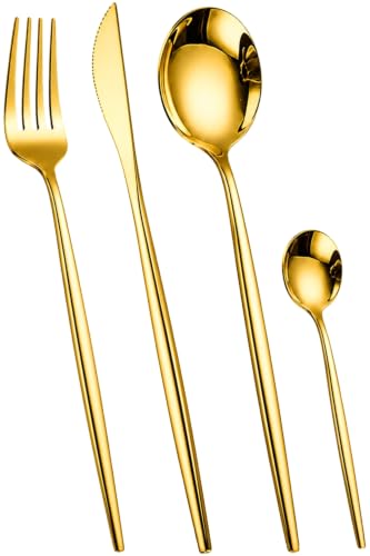 Image of Slim Handle Gold 8 Pcs Stainless Steel Cutlery Set for Dining Table, Dishwasher Safe Glossy Flatware (2 Spoon Set + 2 Forks Set + 2 Butter Knife + 2 Dessert Spoon)