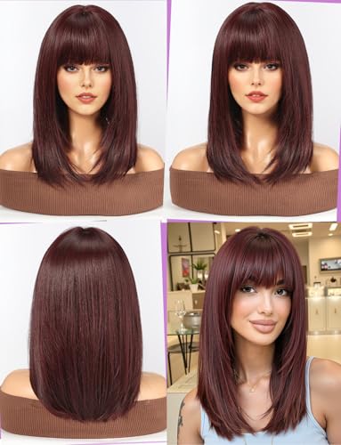 WOKESTAR Staright Wig with Fringe Synthetic Mid-length Layered Wigs for Women Wine Red Color, 22 tum - Image 2