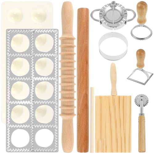 CODOHI 11 PCS Gnocchi Pasta Making Tools, Wood Pasta Board, Pasta Cutter, Rolling Pin, Dumpling Maker, 5 Ravioli Stamp Maker Cutter for Homemade Pasta, Kitchen Gift for Pasta Lovers Baking