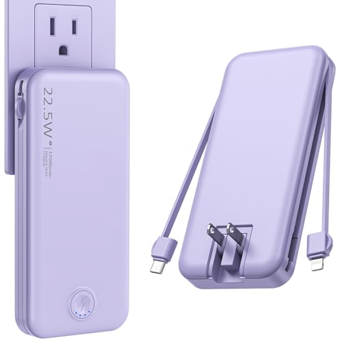 Portable Charger with Built in Cable and AC Wall Plug, USB C Power Bank 12000mAh 22.5W Super Fast Charging, Lightweight Portable Phone Charger Travel